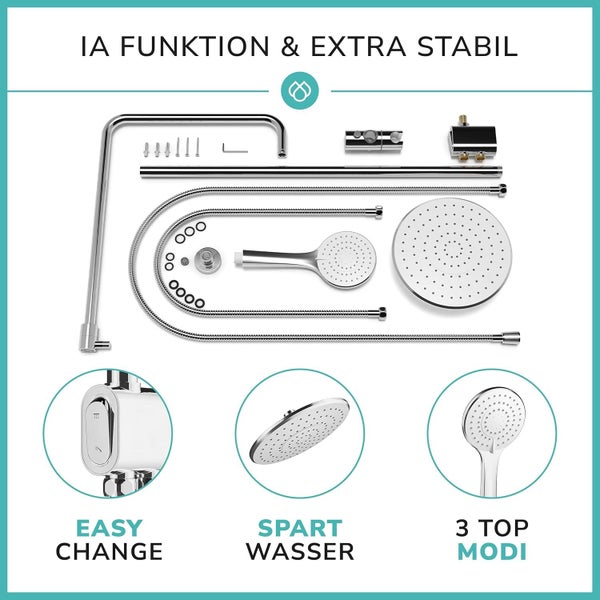 Duschsystem ohne Armatur Edelstahl rostfrei mit Druckknopf - 50% wasserspar Wellness Duschset ohne Armatur - Überkopfbrauseset - Regendusche mit Wandhalterung Komplettset für Dusche und Badewanne