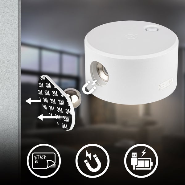 Weiße runde LED-Leuchte mit magnetischer Wandhalterung, 3M Klebestreifen sowie Symbolen für selbstklebende Montage, Magnet und USB-Ladefunktion.
