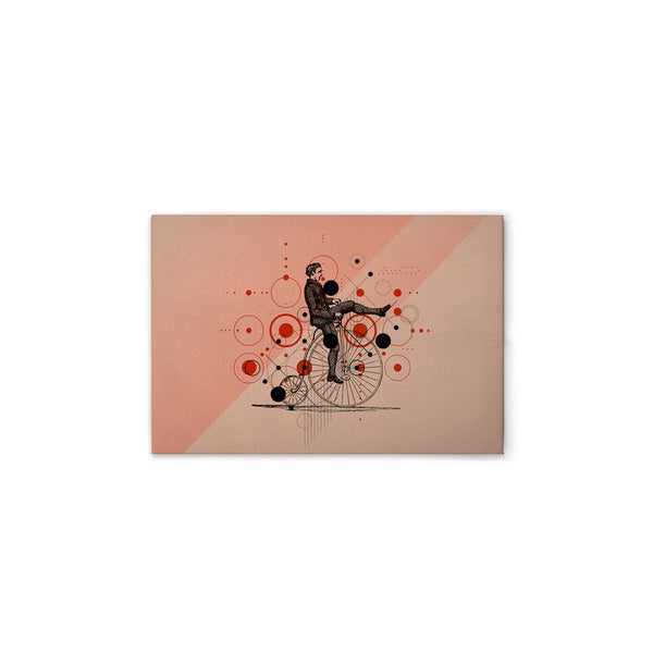 Leinwandbild mit Darstellung eines Mannes auf einem Hochrad, umgeben von Kreisen
