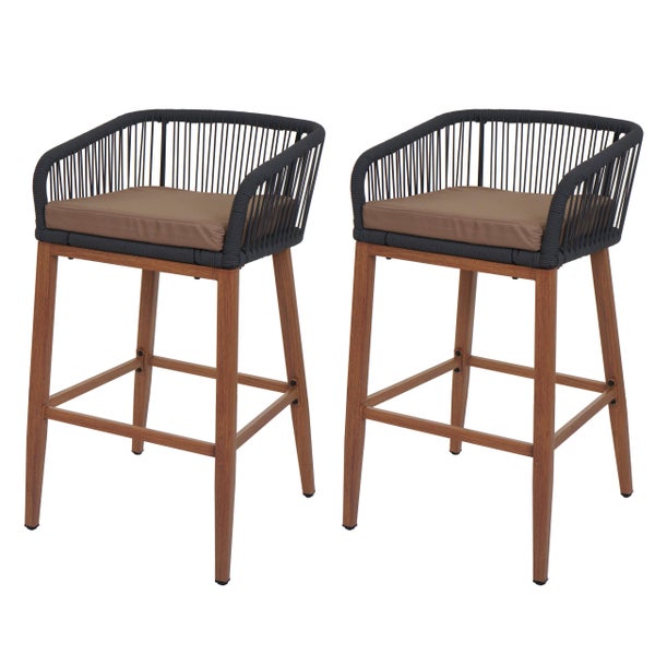 Zwei Barhocker mit Armlehnen, Holzbeinen und Sitzkissen