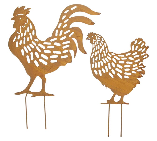 FRANK FLECHTWAREN | Gartenstecker Hahn & Huhn, 2er Set, METALL, 25,5 x 0,5 x 38 cm, 35 x 0,5 x 45,5 cm