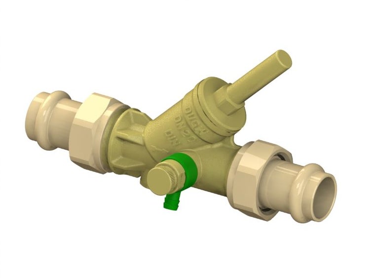Schrägsitzventil aus Messing Nennweite 20 mit beidseitigem Pressanschluss und Entleerungsventil für die Trinkwasserinstallation.