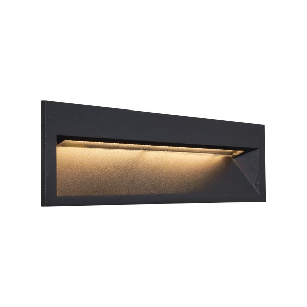 Rechteckige LED-Wandleuchte in Schwarz mit warmweißem Licht.