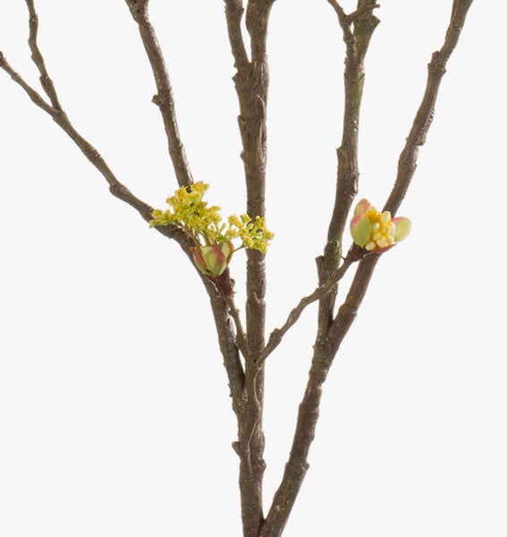 Künstlicher Zweig mit gelben Knospen und grünen Akzenten an einem braunen Stiel.