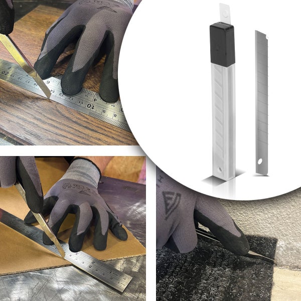 Ersatzklingen für Cuttermesser in einer Aufbewahrungsbox und verschiedene Anwendungen beim Schneiden von Bodenbelag, Karton und Teppich.