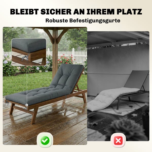Gartenliegenauflage mit robusten Befestigungsgurten, die das Polster auch bei Wind und Regen sicher am Holzrahmen halten.