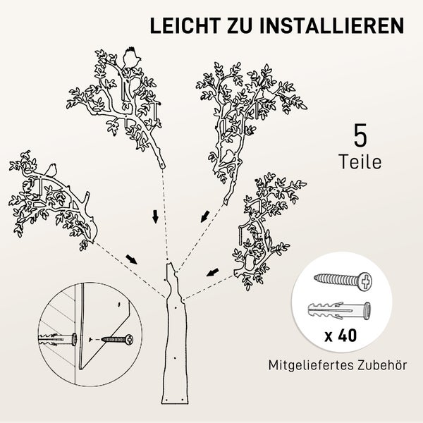 Diagramm zur einfachen Montage einer 5-teiligen Wanddekoration in Baumoptik mit 40 mitgelieferten Schrauben und Dübeln.