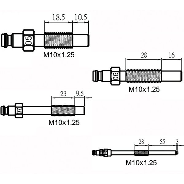 Technische Zeichnung von M10 Schrauben mit unterschiedlichen Abmessungen