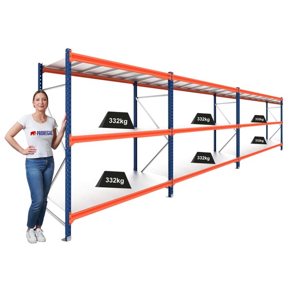 Blau-oranges Weitspannregal aus Metall mit drei Ebenen, Tragkraft pro Ebene 332 Kilogramm, Proregal Logo.