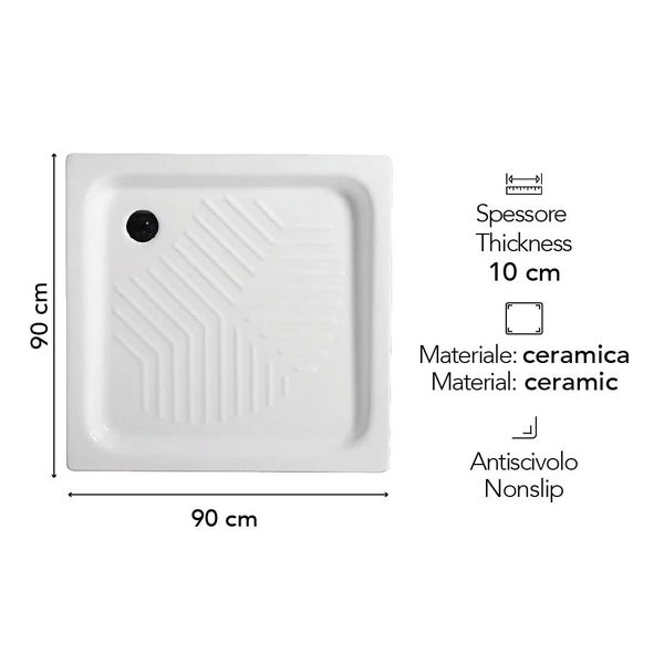 Quadratische Duschwanne aus Keramik, 90 mal 90 Zentimeter, Höhe 10 Zentimeter, rutschhemmende Oberfläche.
