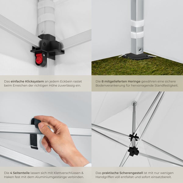 Detailansicht der Faltpavillon Konstruktion mit Klicksystem, Heringen, Klettverschlüssen für Seitenteile und dem Scherengestell aus Aluminium.