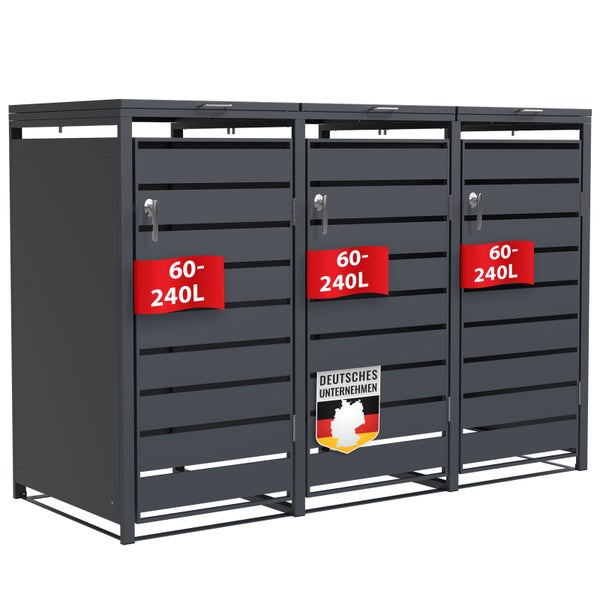 FLOORDIREKT Mülltonnenbox Magnus mit Edelstahlrahmen 198,5 x 80 x 116 cm - 3 Türen