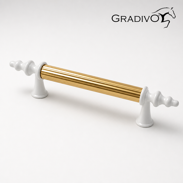 Möbelgriff mit Porzellanenden und goldfarbenem geriffeltem Mittelteil, Gradivo Logo.
