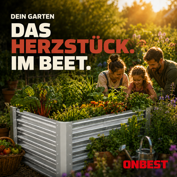 Eine Familie gärtnert gemeinsam an einem Hochbeet aus Metall in einem sonnigen Garten mit verschiedenen Pflanzen. Onbest Logo.