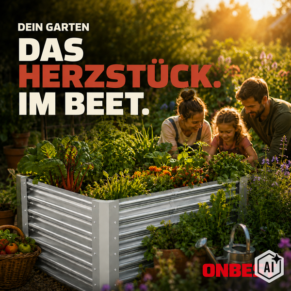 Eine Familie gärtnert gemeinsam an einem Hochbeet aus Metall in einem sonnigen Garten mit verschiedenen Pflanzen. Onbest Logo.