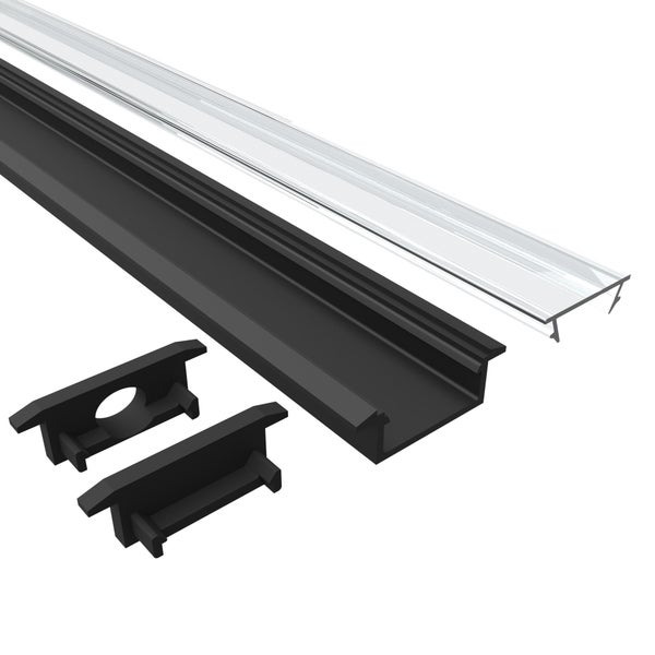 TIVENDIS Led Alu Profil 2 m EF2 schwarz Komplett Set für Strip / Streifen bis 12 mm breit | Abdeckung transp. , Endkappen |  Einbau Fußleisten Flachprofil pulverbeschichtet