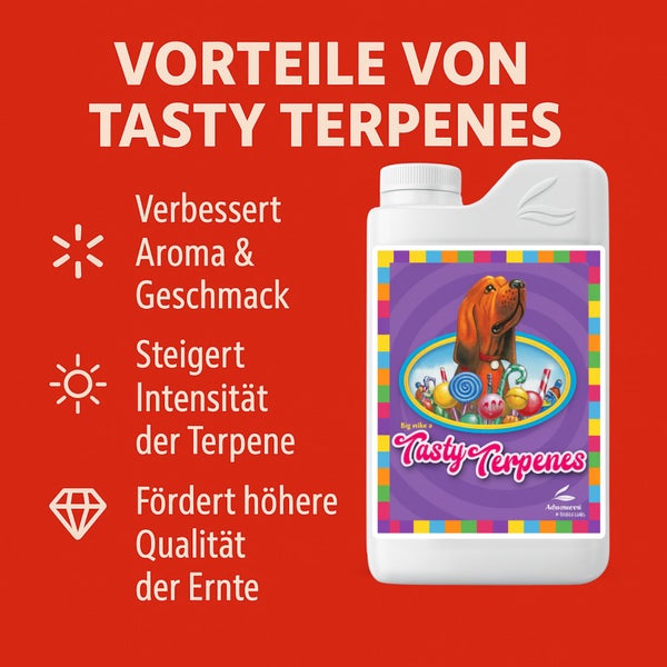 Flasche Tasty Terpenes zur Verbesserung von Aroma und Geschmack sowie zur Steigerung der Terpenintensität und Erntequalität