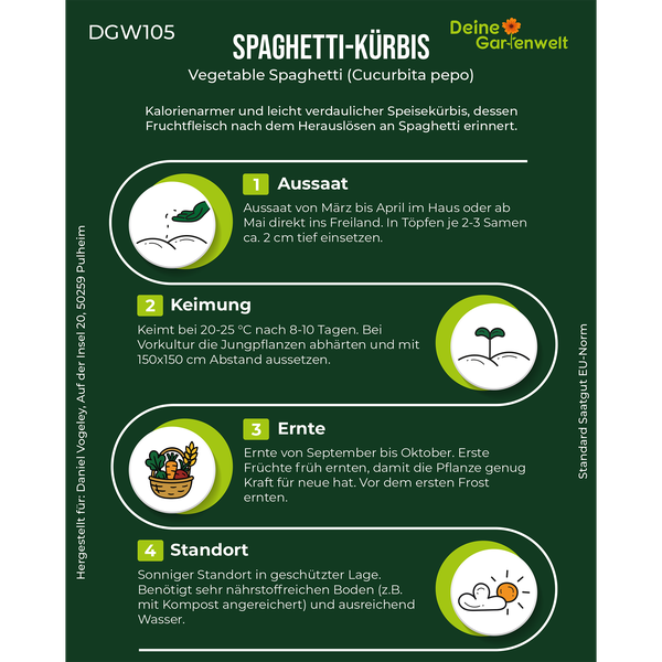 Infografik zum Anbau von Spaghetti-Kürbis mit Details zu Aussaat, Keimung, Ernte und Standort. Deine Gartenwelt Logo.