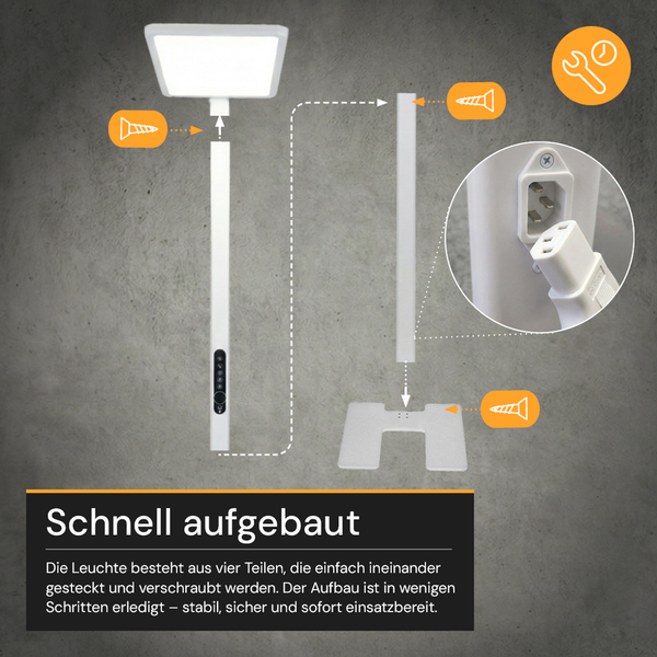 Montageanleitung einer Stehleuchte aus vier Teilen zum Zusammenstecken und Verschrauben. Abgebildet sind Leuchtkopf, Standrohr und Standfuss.