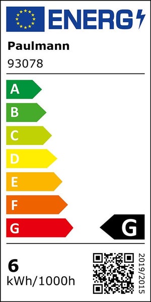 Europäisches Energielabel für Paulmann 93078, Energieeffizienzklasse G, 6 Kilowattstunden pro 1000 Stunden.