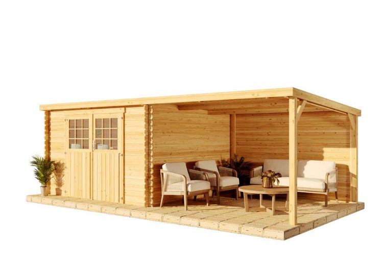 Alpholz Gartenhaus Edda Gartenhaus aus Holz, Holzhaus mit 28 mm Wandstärke inklusive Schleppdach, Blockbohlenhaus mit Montagematerial, Naturbelassen 6,1x3m
