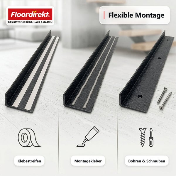 Floordirekt Logo, Treppenkantenprofil mit drei flexiblen Montageoptionen: Klebestreifen, Montagekleber oder Bohren und Schrauben