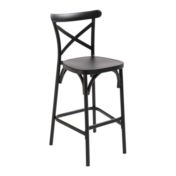 Schwarzer Barhocker mit Rückenlehne in Kreuzform und integrierter Fußstütze.