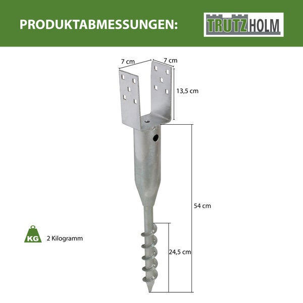 Trutzholm Einschraub Bodenhülse mit U-Pfostenträger aus verzinktem Stahl inklusive Abmessungen.
