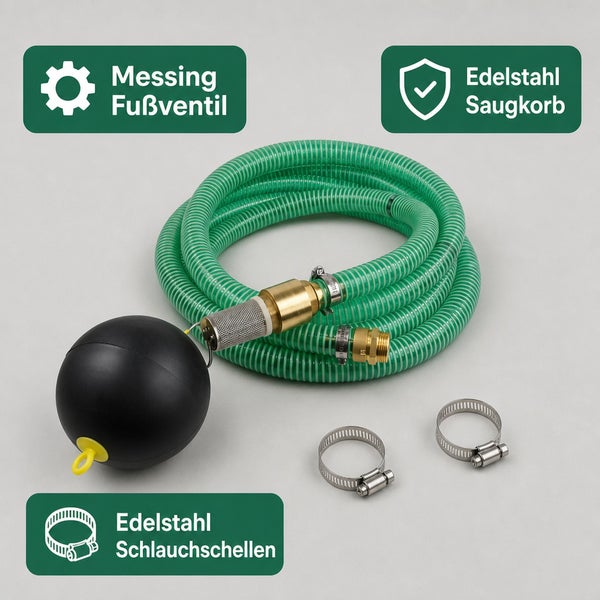 Saugschlauchset mit Messing-Fußventil, Edelstahl-Saugkorb und Edelstahl-Schlauchschellen sowie Schwimmkugel für Gartenpumpen.