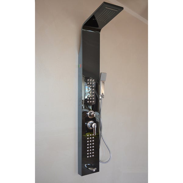 Schwarzes Duschpaneel mit Regenduschkopf, Handbrause, Massagedüsen und Wanneneinlauf.