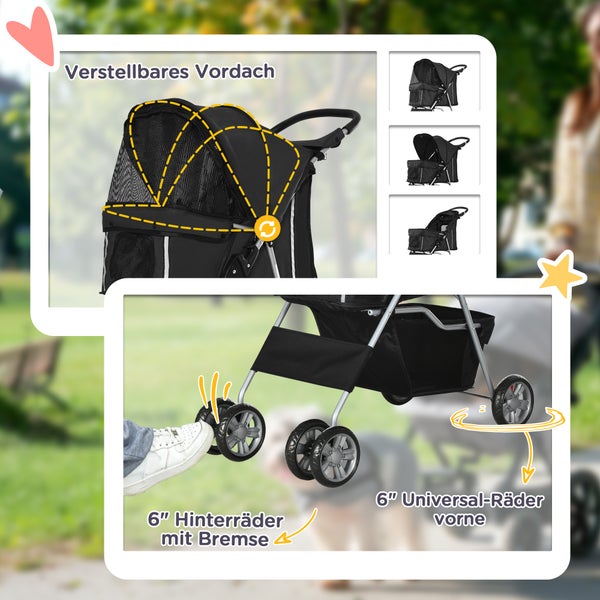 Einstellbares Verdeck, sechs Zoll Hinterräder mit Bremse, sechs Zoll Universalräder vorne