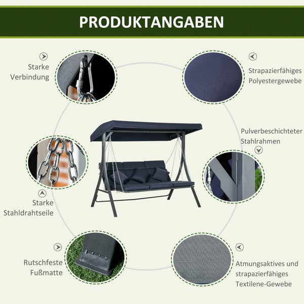 Outsunny Hollywoodschaukel 3-Sitzer, Schaukelbank mit Verstellbarem Sonnendach, Gartenschaukel mit Kissen, bis 270 kg Belastbar, Metall, Texteline, Dunkelblau, 198 x 118 x 168 cm