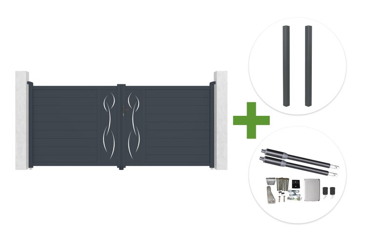 Zweiflügeliges Einfahrtstor aus Aluminium in Anthrazit mit Zierelementen inklusive zwei Pfosten und elektrischem Drehtorantrieb-Set.