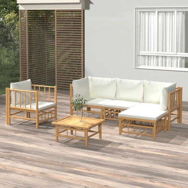 6-tlg. Garten-Lounge-Set mit Cremeweißen Kissen Bambus