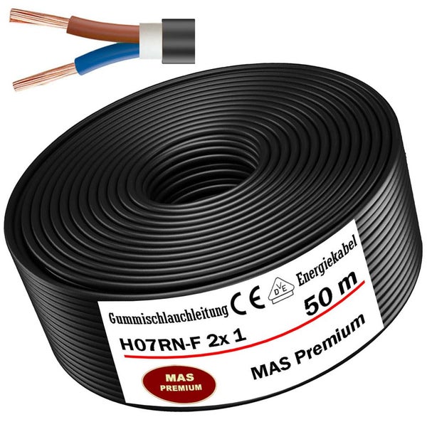Schwarze Gummischlauchleitung H07RN-F 2 mal 1 Millimeter Quadrat, 50 Meter Rolle, MAS Premium Energiekabel.