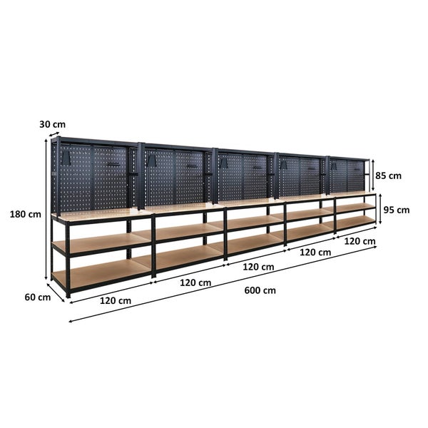 PROREGAL Mega Deal 5x Profi Werkbank GIANT BEAST mit Lochwand HxBxT 180x120x60cm Fachlast 175kg inkl. Werkzeughalter Set Schwarz Arbeitstisch