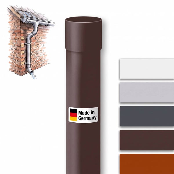 Fallrohr aus Kunststoff mit Verbindungsstück und Made in Germany Siegel sowie Farbübersicht für Dachentwässerung.