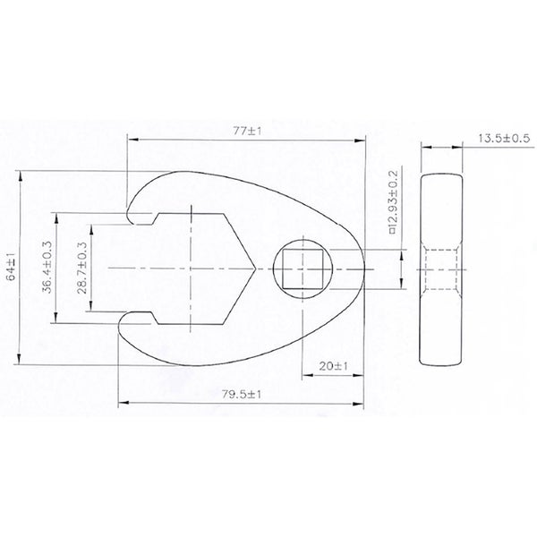 Technische Zeichnung eines Werkzeugs mit Maßangaben