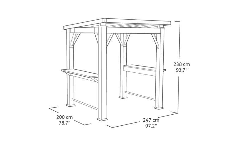 Abmessungen der Holzgartenbar mit Dach