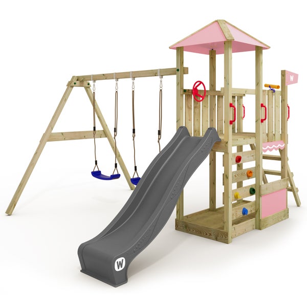WICKEY Spielturm Klettergerüst Smart Savana mit Schaukel und Rutsche, Spielhaus mit Kletterleiter und Spiel-Zubehör – pastellpink