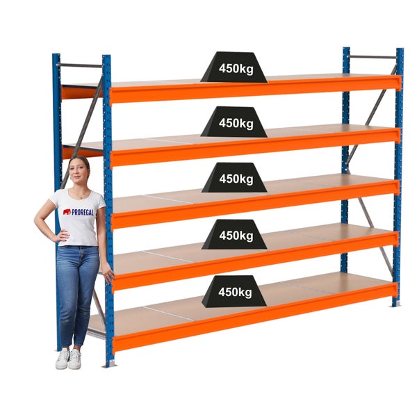 Lagerregal mit fünf Ebenen und einer Traglast von 450 Kilogramm pro Ebene.