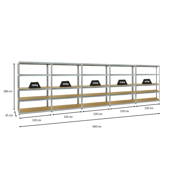 PROREGAL Mega Deal 5x Schwerlastregal Big Elephant S HxBxT 180 x 120 x 45 cm Fachlast 250 kg Verzinkt