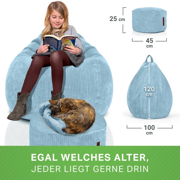 Green Bean 2er Set Indoor XXL Sitzsack + Pouf mit EPS-Perlen Füllung - Fußhocker Fußkissen Hocker Bodenkissen Liegekissen Sitzkissen Lounge Chair - Hellblau