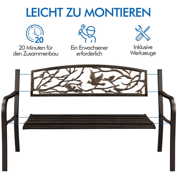 Gartenbank aus Metall mit Vogelmotiv. Montagehinweise: 20 Minuten Montagezeit, ein Erwachsener erforderlich, Werkzeuge inklusive.