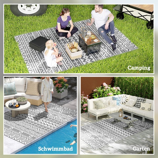 Outsunny Outdoor Teppich robuster Wetterfest Outdoorteppich, faltbar Carpet mit Boho-Style, Outdoor-Teppich für Wohnzimmer Balkon Garten Terrasse Bad Flur Küche, 182 x 274 cm Dunkelgrau+Weiß