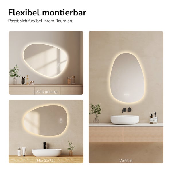 Beleuchteter LED Badezimmerspiegel in organischer Form, flexibel montierbar in horizontaler, vertikaler oder leicht geneigter Ausrichtung.