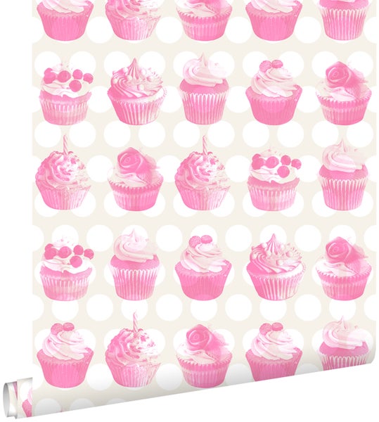 ESTAhome Tapete Cupcakes auf glänzenden Punkten Rosa - 53 cm x 10,05 m - 138723