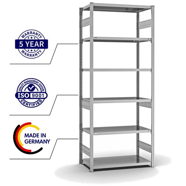 PROREGAL Fachbodenregal Stecksystem T-Profil Heavy-Duty Grundregal HxBxT 250 x 100 x 50 cm 6 Ebenen Fachlast 330 kg Beidseitig Nutzbar Verzinkt