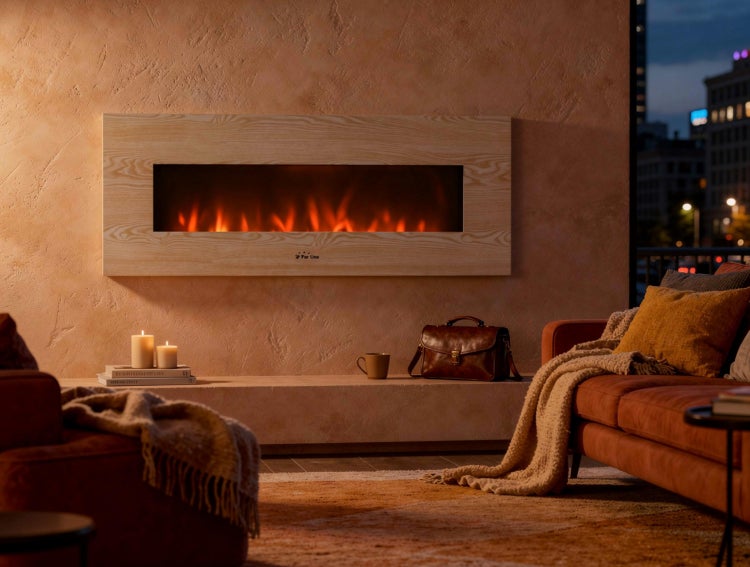 Wohnzimmer mit Elektrokamin mit Holzrahmen, Sofa und Dekoration