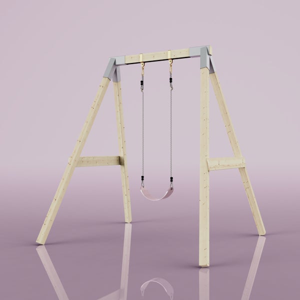 Schaukelgestell aus hellem Holz mit einer Einzelschaukel und grauen Metallverbindern.